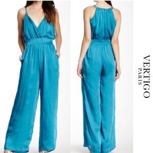 VERTIGO Spaghetti Strap Surplice Front Jumpsuit in Spa Blue, Brad new with tags